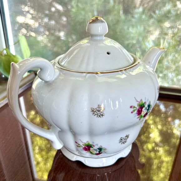 Vintage Floral Musical Teapot White Gold Accents Japan Porcelain - Picture 8 of 15